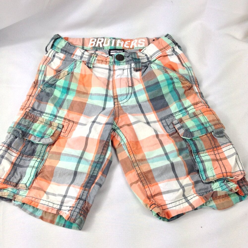 Brothers Cargo Shorts Boys Youth Size 6 Multicolor Plaid Adjustable Waistband.